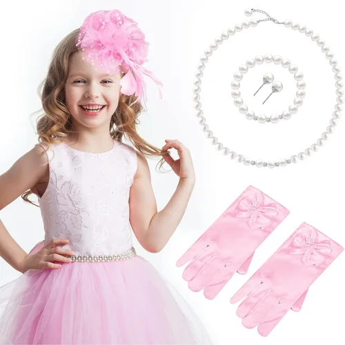Vista 3 de Junkin 5 Pcs Little Girls Gloves Hats Necklace Bracelet Earring Jewelry for Girls First Communion Wedding Tea Party Supplies