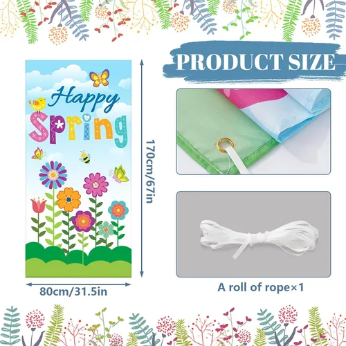 Vista 2 de Whaline Decoración de cubierta de puerta con texto en inglés «Hello Spring» con diseño floral de primavera para puertas delanteras, pancarta