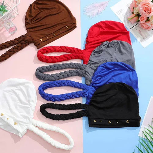 Vista 5 de 6 Pieces Women African Turban Head Wraps Caps Twisted Braid Beaded Elastic Wrap Cap