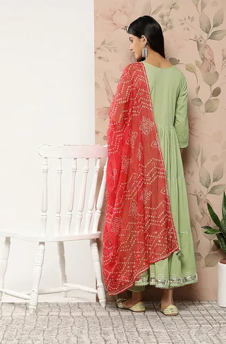Vista 6 de Janasya Kurta indio de algodón verde pastel para mujer con pantalón y dupatta