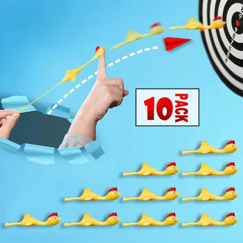 Vista 3 de Novelty Place 10 juguetes de dedo volador de pollo tirachinas – Juego de disparos de pollitos de goma elástica para niños – Juguete antiestrés