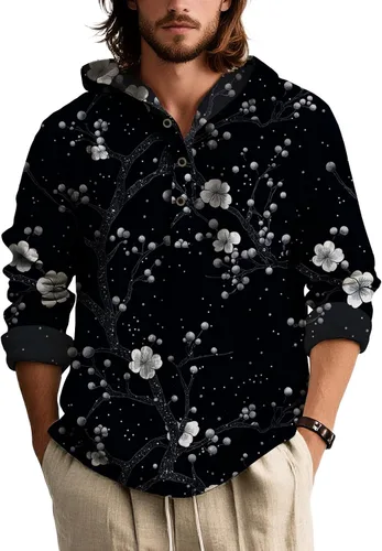 Vista 18 de Sudadera con capucha con estampado floral colorido para hombre, con botones, holgada, de manga larga, sudadera con capucha de gran tamaño para otoño
