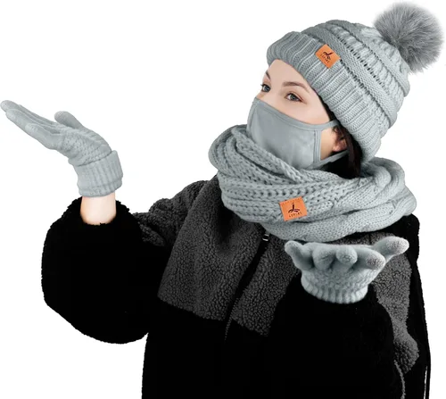 Vista 9 de Winter Hat Scarf Gloves and Ear Warmer, Warm Knit Beanie Hat Touch Screen Gloves Set Winter Gifts Neck Scarves for Women