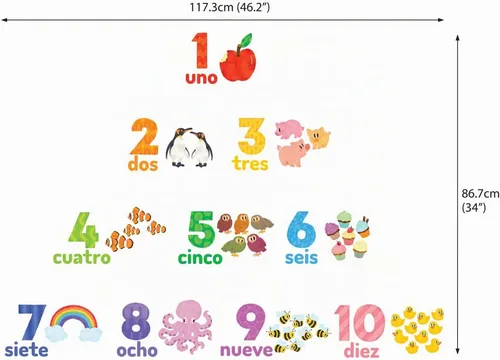 Vista 6 de DECOWALL Calcomanías de pared con números en español inglés del 1 al 10 para niños (DS-2020ES) Decoración extraíble bilingüe con coloridos