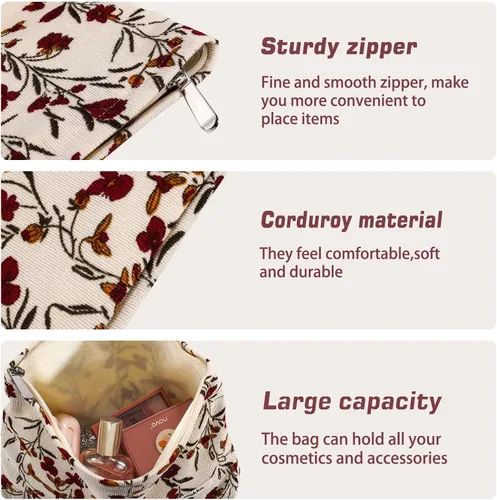 Vista 5 de Juego de 2 bolsas de maquillaje de flores con diseño floral para viajes para mujeres y niñas, bolsa de maquillaje grande con cremallera pequeña