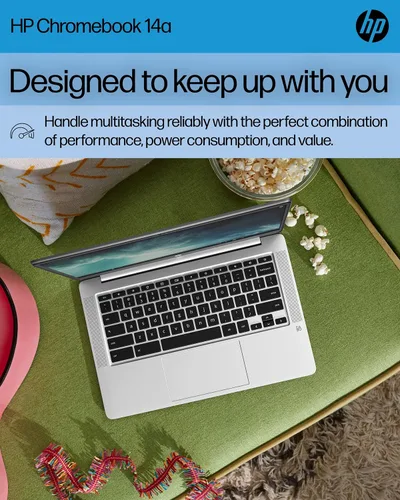 Vista 2 de HP Laptop Chromebook 14, Intel Celeron N4120, 4 GB de RAM, 64 GB eMMC, pantalla HD de 14 pulgadas, Chrome OS, diseño delgado, gráficos 4K, batería
