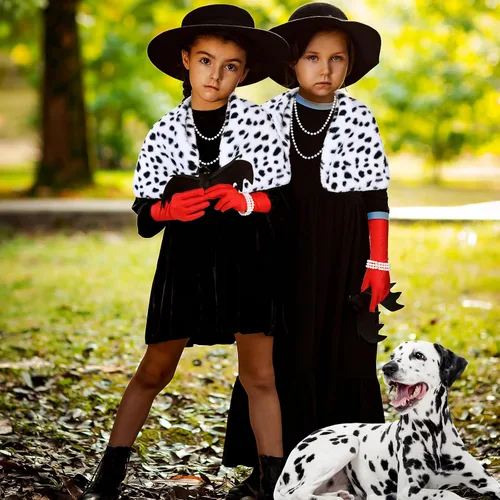 Vista 5 de Yaomiao Kids Girl 5 Pcs Halloween Faux Stole Accessories Set Black and White Scarf Red Gloves for 1920s Costume Cosplay Party