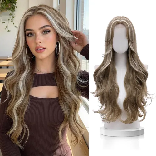 Vista 23 de VERNA - Peluca rubia con flequillo, peluca sintética de aspecto natural, rizada, ondulada de 26 pulgadas, resistente al calor, estilo de parte media