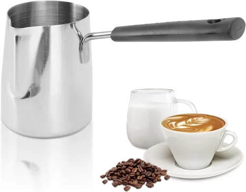 Vista 8 de Cafetera turca de 12 oz/11.8 fl oz jarra de espuma de leche para té, olla de fusión de mantequilla Jarra toroide de flores de acero inoxidable