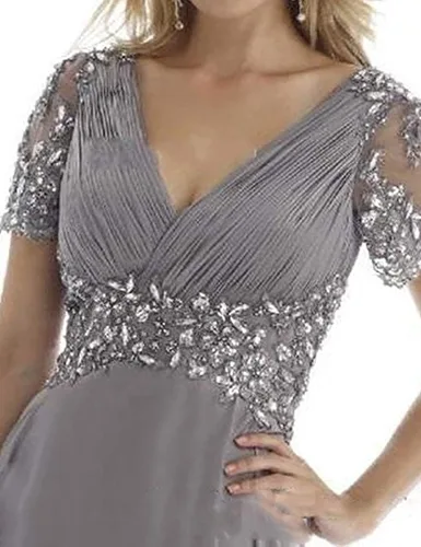 Vista 3 de Vestidos de madre de la novia con cuello en V, plisados, manga corta, con cuentas, vestidos largos de fiesta de noche