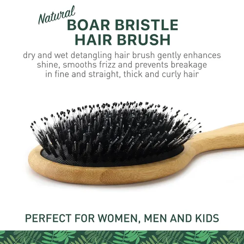 Vista 2 de Cepillo de cerdas de jabalí natural para mujeres, hombres y niños; cepillo desenredante seco y húmedo mejora suavemente el brillo, suaviza