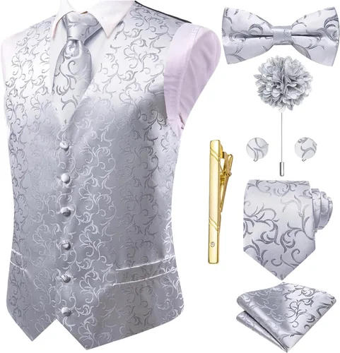 Vista 31 de Hi-Tie Chaleco de traje de seda para hombre, corbata y corbatín de solapa, clip de corbata dorado, chaleco floral de cachemira, 8 piezas, conjunto