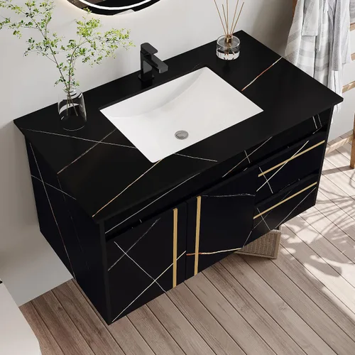 Vista 22 de SSLine Juego de tocador de baño montado en la pared con lavabo moderno de 30 pulgadas con lavabo superior y estante de almacenamiento, armario