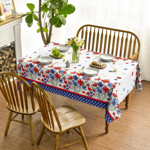 Vista 2 de Horaldaily Mantel del 4 de julio de 52 x 72 pulgadas, diseño patriótico de flores de amapola en acuarela, Día de la Independencia, Día