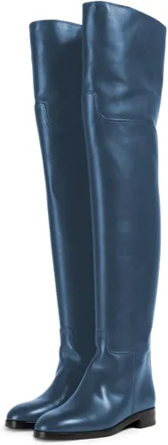 Vista 13 de YDN Botas planas de pantorrilla ancha para mujer, con puntera redonda, por encima de la rodilla, con tacón bajo, botas altas hasta el muslo, zapatos