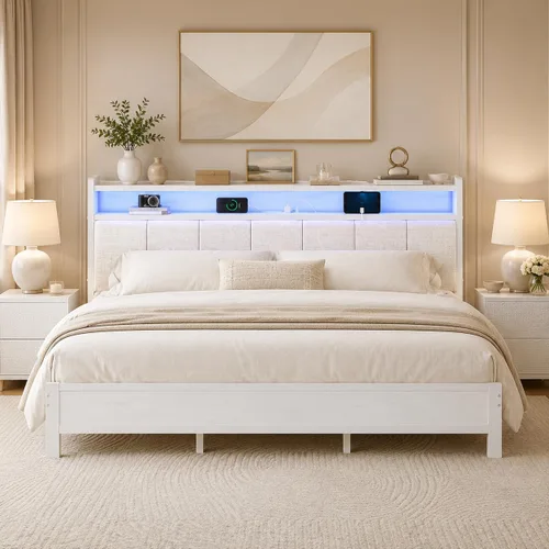 Vista 17 de IMMERSTABLE Base de cama individual con luces LED y estación de carga, cabecera de almacenamiento tapizada, plataforma de metal con listones