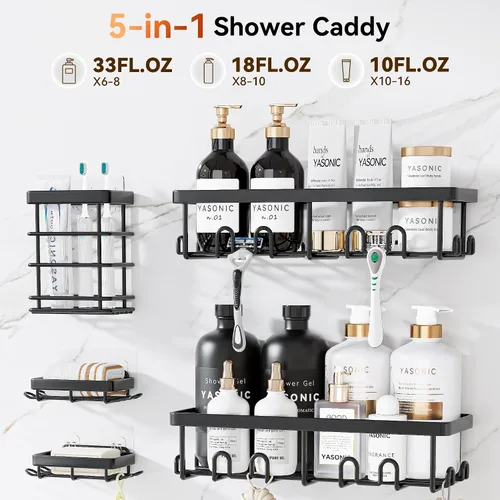 Vista 3 de YASONIC Shower Caddy Adhesive, Rustproof Shower Organizer, Wall Shower Rack Negro