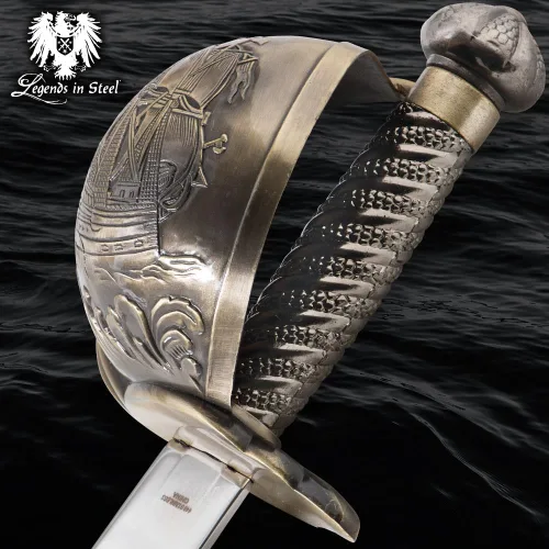 Vista 7 de Sable pirata Cutlass Hoja de acero inoxidable de 22" Cast Metal Basket Hilt Guard Pirate Artwork Accents Perfect for Reenactors 28 1/4