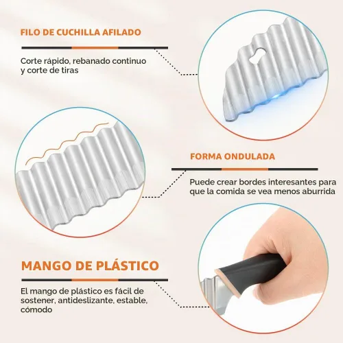 Vista 3 de Cuchillo de corte arrugado, mango de goma, cortador de papas fritas de acero inoxidable con soporte para cebolla, cuchillo para cortar ensalada