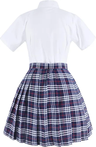 Vista 8 de Uniforme escolar japonés de tartán plisado para cosplay, disfraz con calcetines, gafas, marco, conjunto