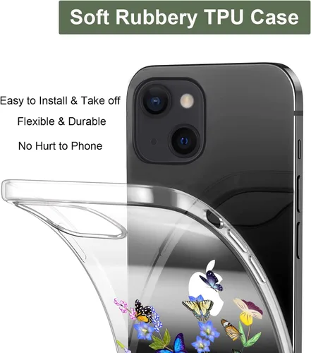 Vista 5 de Unov Funda compatible con iPhone 14 Plus, transparente con diseño en relieve, patrón floral en relieve, TPU suave, parachoques delgado, protector