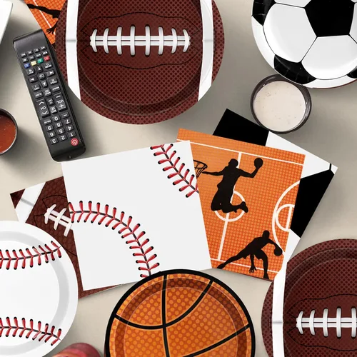 Vista 7 de Decoraciones deportivas para fiestas de cumpleaños, 80 unidades, platos y servilletas para fiestas deportivas, béisbol, fútbol, baloncesto, rugby