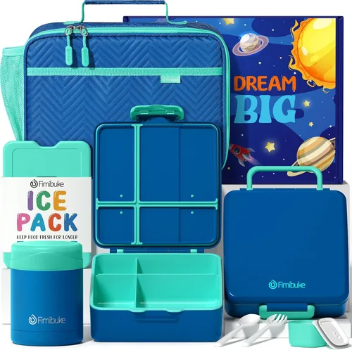 Vista 11 de Fimibuke Lonchera Bento para niños con 4 compartimentos, bolsa de almuerzo aislada, tarro térmico de acero inoxidable al vacío, paquete de hielo