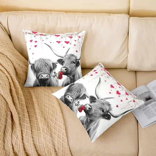 Vista 2 de Erosebridal Juego de 2 fundas de almohada románticas de 16 x 16 pulgadas con diseño de vaca para parejas, diseño de corazón rojo, árbol, granja, San