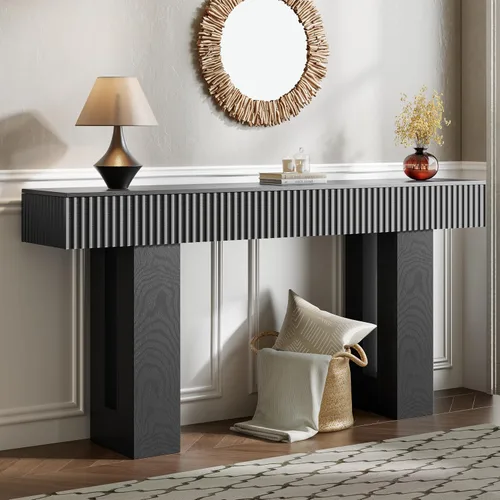 Vista 10 de Mesa de entrada de 60 pulgadas de largo con toma de corriente integrada y luz RGB controlada por aplicación y botón, mesa consola de madera gruesa