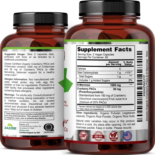 Vista 8 de Zazzee USDA Organic Cranberry PAC y D-Manosa, 36 mg PAC por porción, 1000 mg de D-manosa por porción, 120 cápsulas veganas, suministro de 2 meses