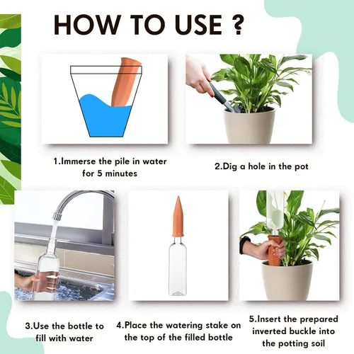 Vista 4 de Dandat 8 Piezas 34oz Dispositivos de Riego de Plantas Incluyen Picos de Riego Automático de Terracota con Botellas de Plástico de Liberación Lenta