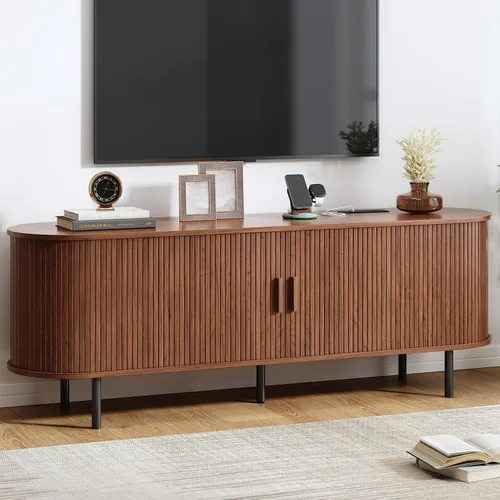 Vista 11 de Soporte de TV de 55 pulgadas con toma de corriente, consola multimedia moderna con puertas correderas, centro de entretenimiento para televisores