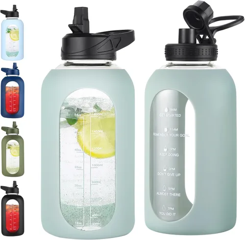 Vista 23 de EALGRO Botella de agua de vidrio de 32 onzas con popote y asa, frasco de agua motivacional deportivo con funda de silicona, taza grande a prueba