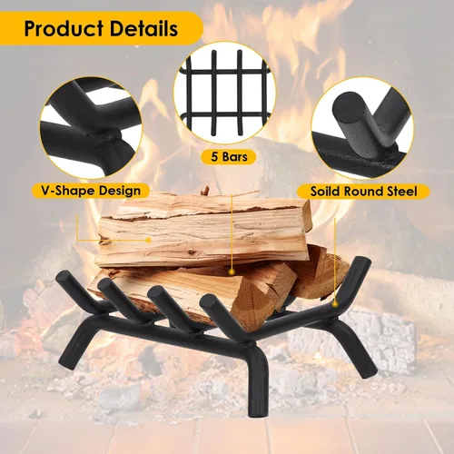 Vista 6 de Rejilla de chimenea de 14 pulgadas resistente – Soporte para troncos de chimenea Rejilla de hierro fundido Estante para estufa de leña Bandeja
