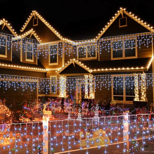 Vista 7 de Luces de carámbano de Navidad para decoración al aire libre, 8 modos, 300 luces LED conectables de 30 pies, 60 gotas para aleros, ventana, hogar