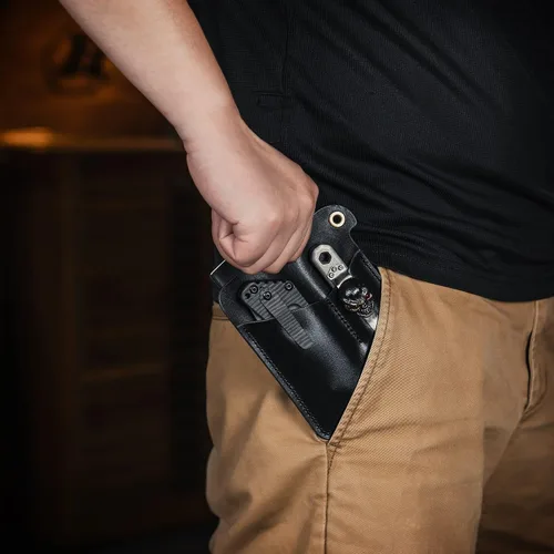Vista 6 de KeyUnity KL01 - Organizador de bolsillo de cuero con 3 bolsas, funda multiherramienta EDC para cuaderno/cuchillo de bolsillo/linternas/bolígrafos