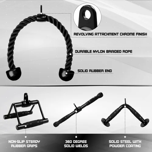 Vista 3 de Yes4All Cable Machine Attachment, Row Handles, Tricep Rope, Straight Bar, V Bar, LAT Pulldown Accessories Load 880 LB for Home Gym G. Cuerda