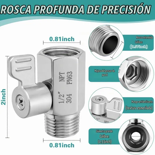 Vista 2 de Válvula de cierre de cabezal de ducha de acero inoxidable 304 mini válvula de bola (1/2 pulgada hembra x macho) control de flujo de agua con rosca
