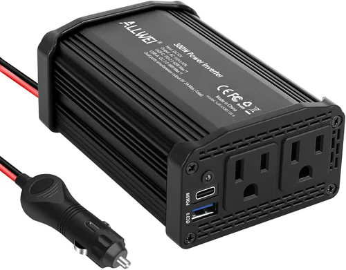 Vista 2 de ALLWEI Inversor de coche de 300 W con puerto USB 3.0 USB-C de 65 W - CC 12 V a 110 V (negro y azul)
