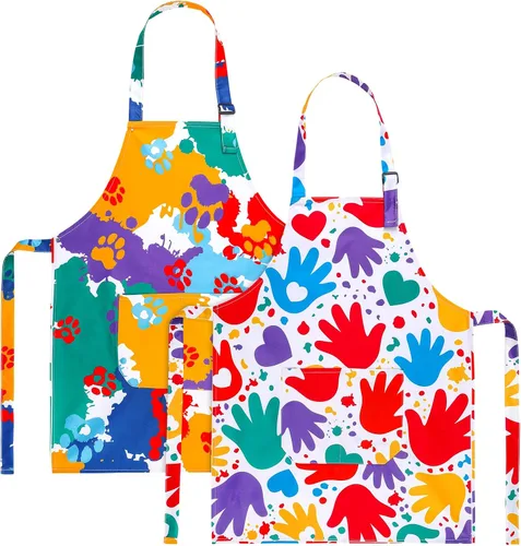 Vista 18 de Paquete de 2 delantales para niños, bonitos delantales de cocina, delantal de arte impermeable con bolsillos, delantal ajustable para pintores