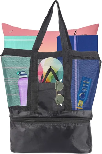 Vista 8 de Bolsa de playa para hombres y mujeres color negro de gran tamaño verano mar bolsa de playa 2 en 1 protección contra el calor y el frío utilizada