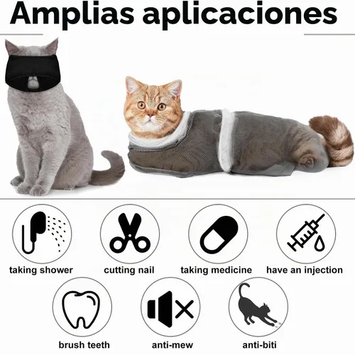 Vista 5 de Bolsa de baño para gatos, 10 piezas, kit de aseo para ducha de gato, gris y negro