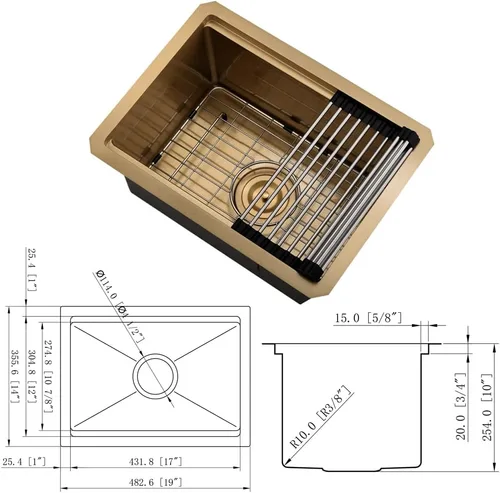 Vista 9 de Fregadero de barra dorada con estación de trabajo de montaje inferior, fregadero de cocina dorado de 14 x 19 pulgadas, fregadero de barra sumergible
