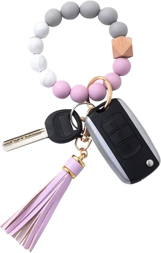 Vista 33 de BAOSIWA Pulsera de cuentas de silicona, llavero de pulsera, cadena para mujer, con borla de cuero Negro