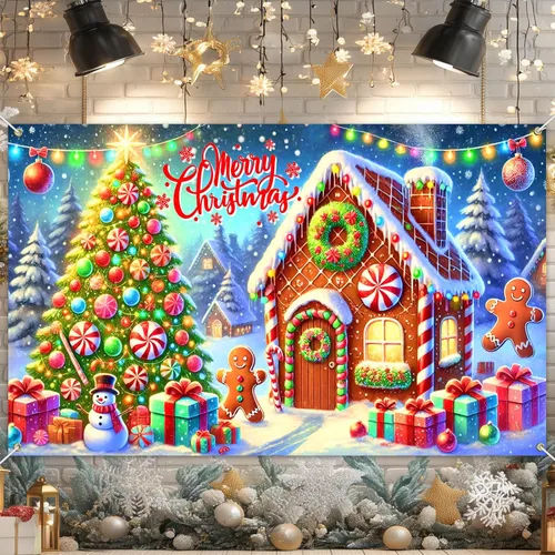 Vista 11 de BlissYard Telón de fondo de tren de Papá Noel, 71 x 43 pulgadas, pancarta de escena de Navidad de pan de jengibre, fondo de fotos para fiestas