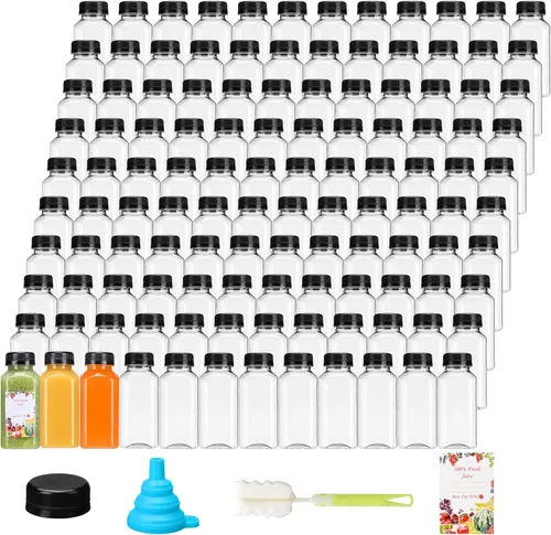 Vista 15 de SUPERLELE 20 botellas de plástico de 2 onzas con tapas, botellas de jengibre reutilizables, transparentes, a granel, para jugo, leche y otras bebidas