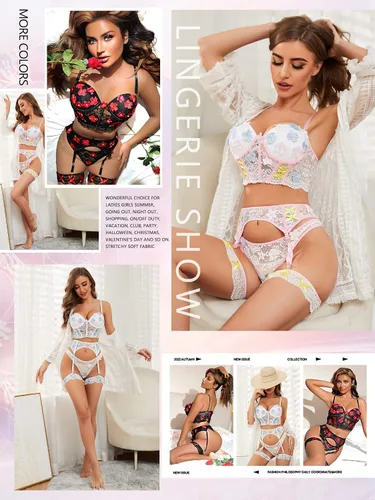 Vista 5 de popiv Conjunto de lencería floral para mujer, brasier y calzón con liguero de encaje
