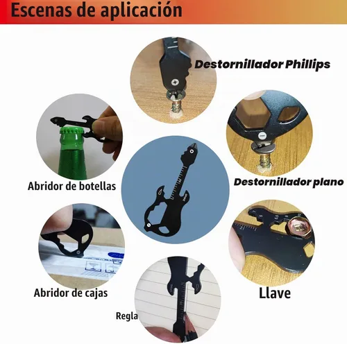 Vista 2 de Llavero multiherramienta de guitarra, herramienta de bolsillo, herramienta de cartera, llavero abridor de botellas 12 en 1 (guitarra, negro)