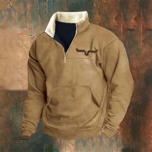 Vista 2 de HUCHPI Sudaderas sin capucha para hombre, casual, manga larga, cuello medio, cremallera de un cuarto, cómoda sudadera de invierno