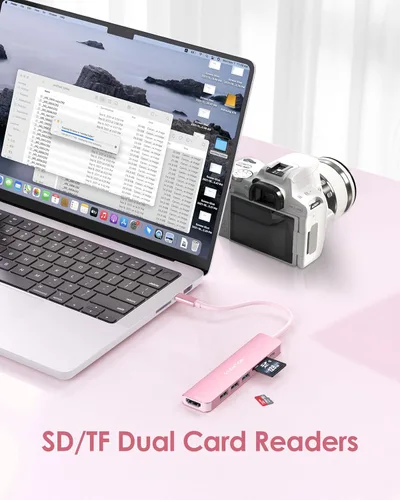 Vista 3 de LENTION Hub USB C 7 en 1, HDMI 4K a 60Hz, PD de 100 W, lector de tarjetas Oro Rosa